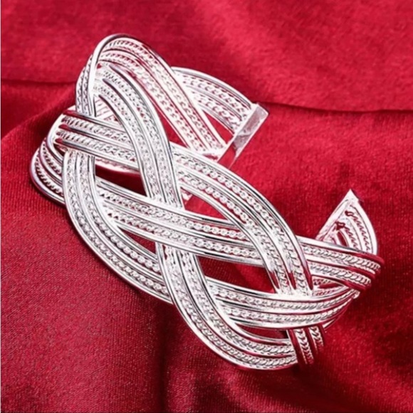Braided Design Sterling Silver Bangle Cuff Bracelet Matching Ring Set - Picture 6 of 12